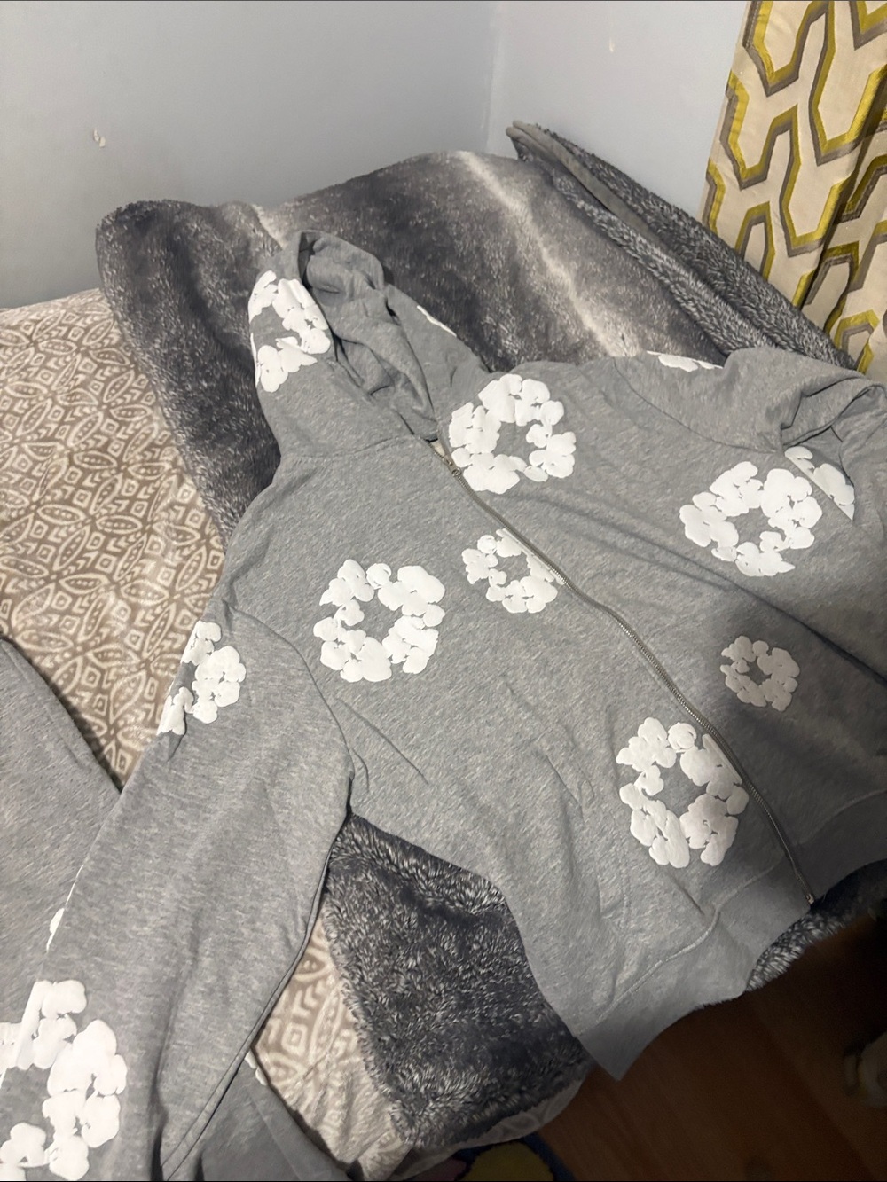 Gray Floral Print Zip Hoodie Sweatshirt